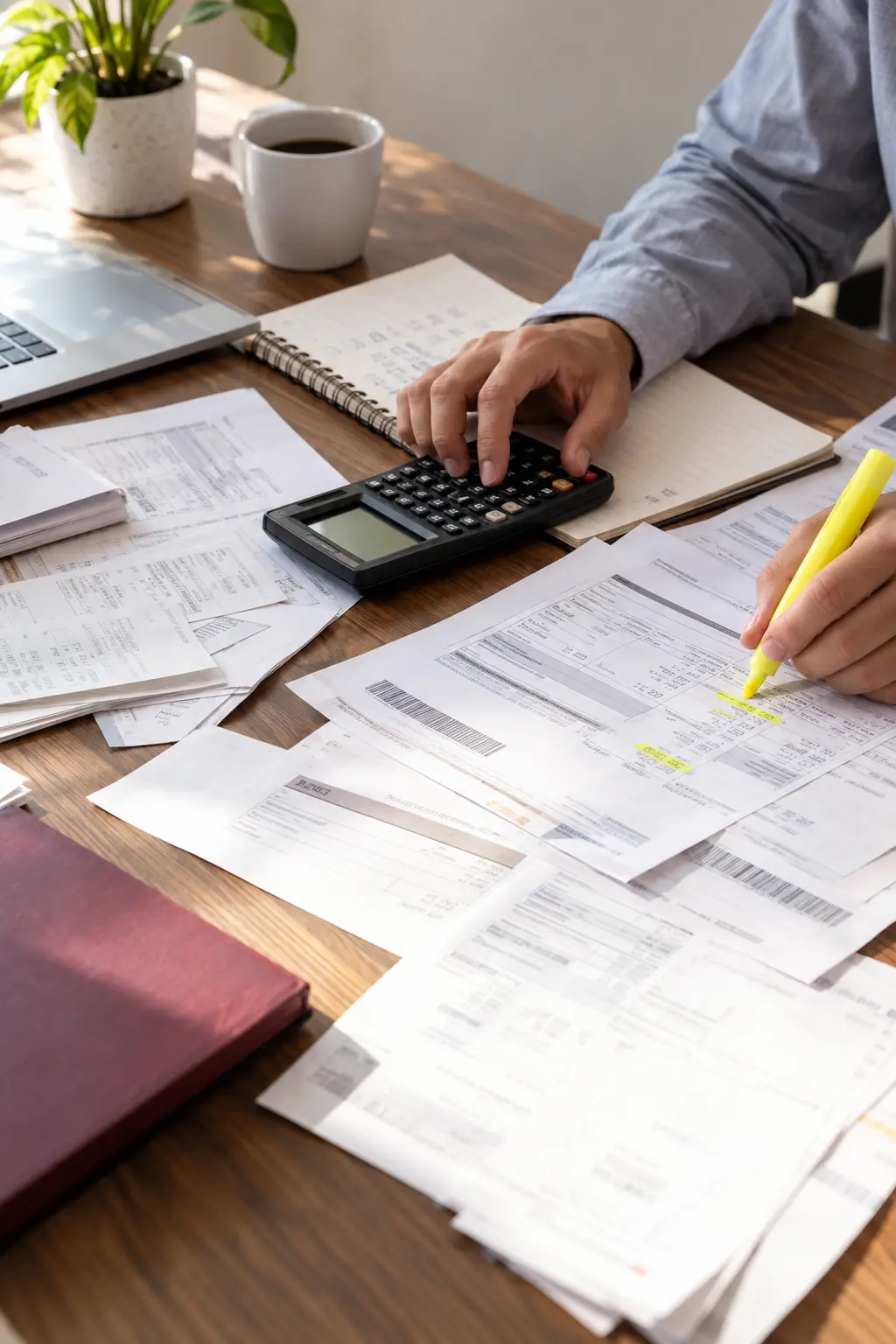 Extratos bancários e cálculos sobre mesa