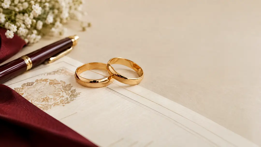 Duas alianças de casamento sobre documento oficial