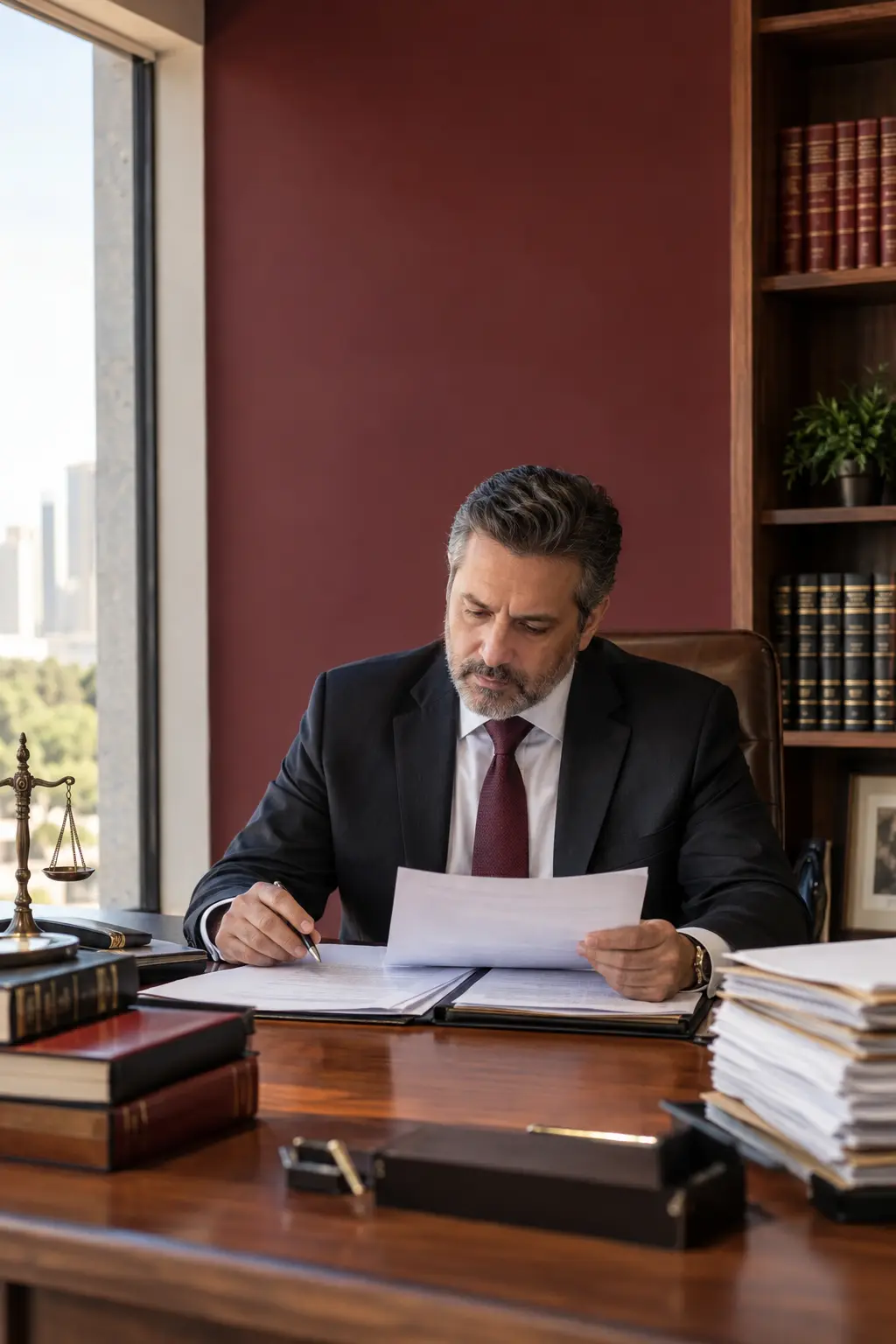 Advogado analisando documentos e processos sobre mesa