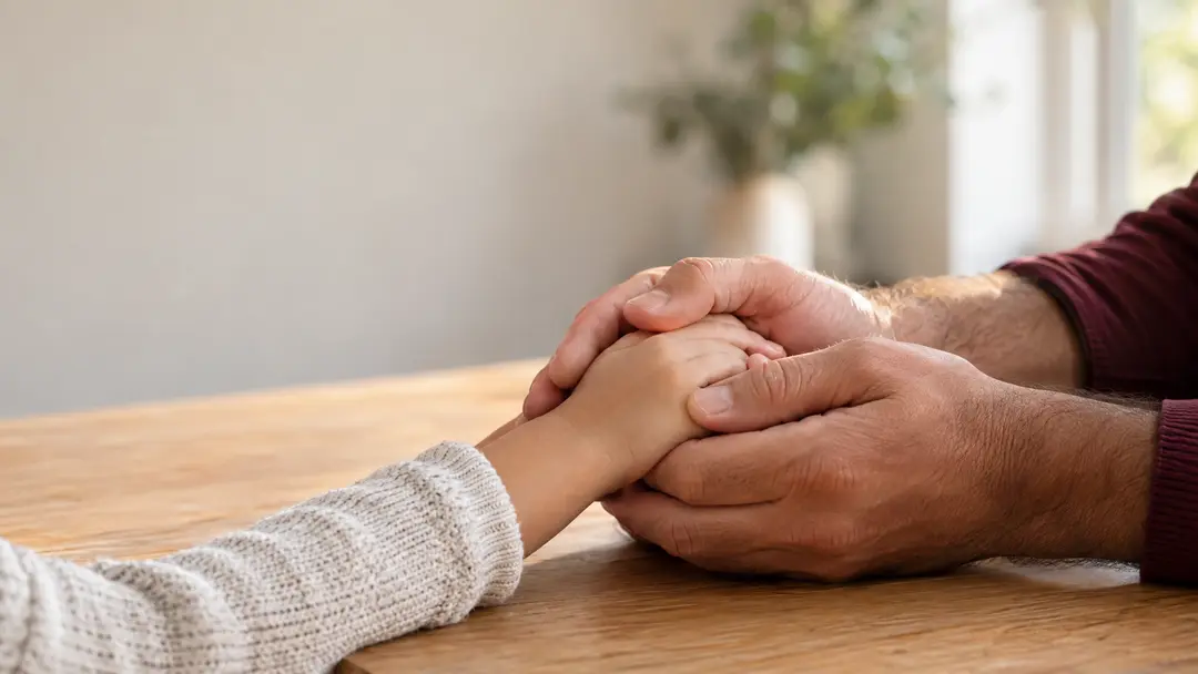 Mãos de adulto segurando mãos de criança com delicadeza