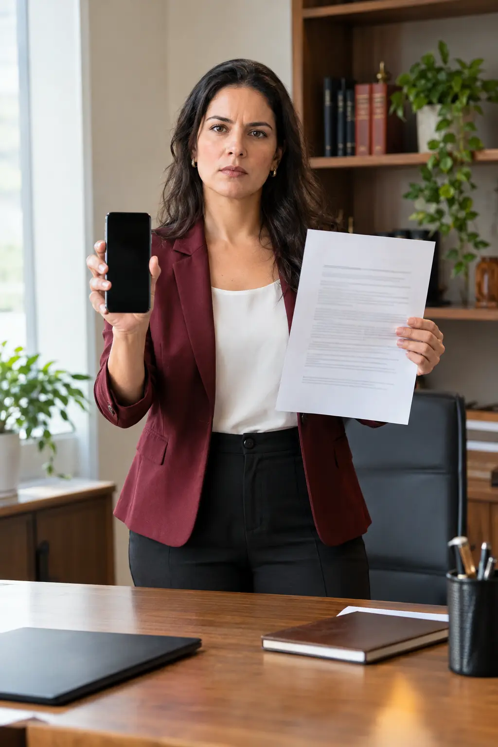 Pessoa com celular e documento de reclamação