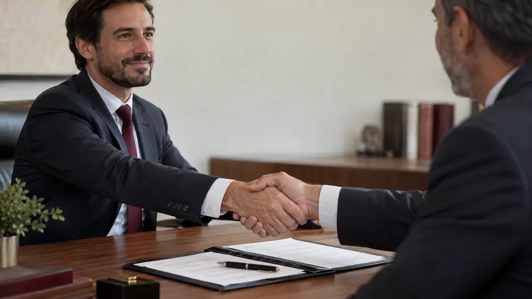Aperto de mãos sobre contrato em escritório