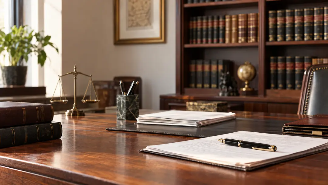 Mesa com documentos imobiliários e caneta sobre escritura
