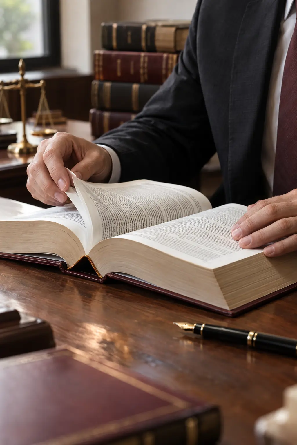 Mãos folheando Código Penal sobre mesa de escritório